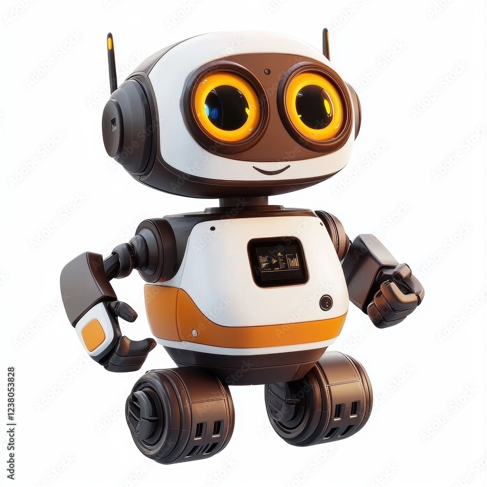 happy educational robot with built-in projectors and playful expressions, isolated on a clean white background happy educational robot with built-in projectors and playful expressions, isolated on a clean white background
