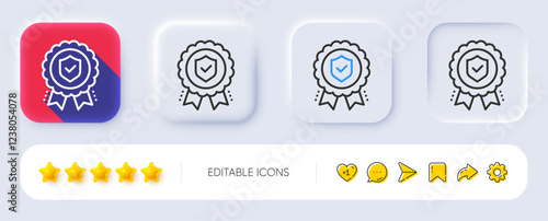 Insurance medal line icon. Neumorphic, Flat shadow, 3d buttons. Certified risk coverage sign. Confirmed protection symbol. Line insurance medal icon. Social media icons. Vector