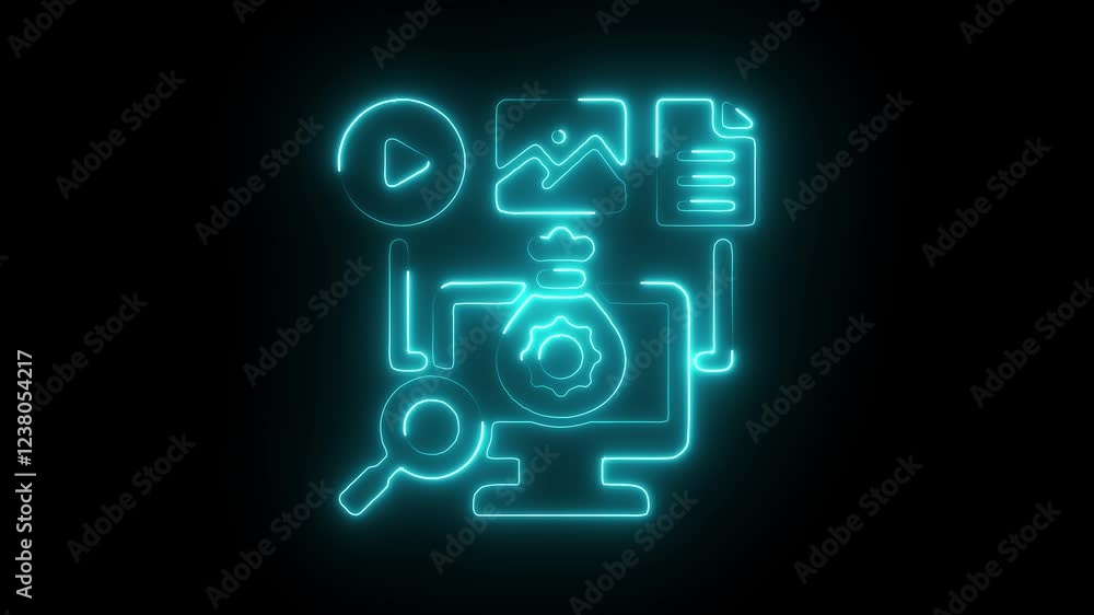 Glowing Neon Content Creation Icon Animation on Black Background, HD Motion Graphic Representing Digital Media, Creativity, and Online Marketing Glowing Neon Content Creation Icon Animation on Black Background, HD Motion Graphic Representing Digital Media, Creativity, and Online Marketing