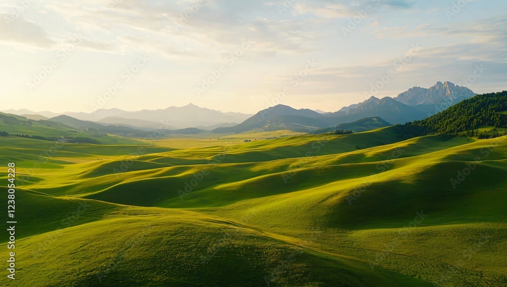 Serene Rolling Hills Landscape at Sunset Green Meadows Mountain Range Background Serene Rolling Hills Landscape at Sunset Green Meadows Mountain Range Background