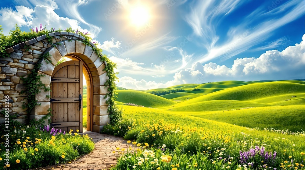 A picturesque stone archway with an open wooden door reveals a scenic countryside path surrounded by wildflowers under a bright blue sky with fluffy clouds.