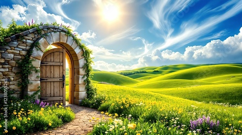 Obraz na płótnie A picturesque stone archway with an open wooden door reveals a scenic countryside path surrounded by wildflowers under a bright blue sky with fluffy clouds. w salonie