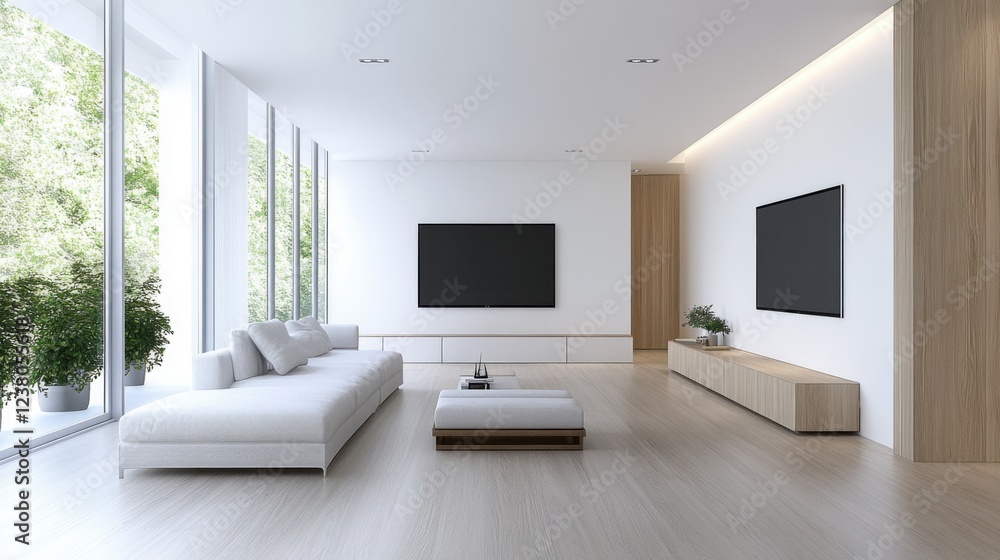Spacious and Modern Living Room with Minimalist Design and Large Windows Offering Natural Light Spacious and Modern Living Room with Minimalist Design and Large Windows Offering Natural Light