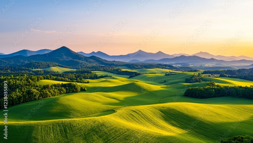 Fototapeta premium Serene Sunset Landscape Rolling Green Hills and Majestic Mountains