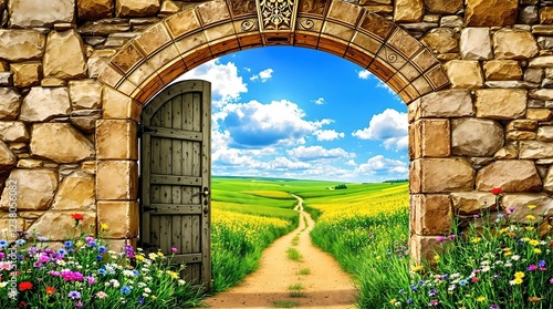 A charming ivy-covered archway with an open green wooden door leads to a picturesque cottage surrounded by a vibrant flower garden under warm golden sunlight.