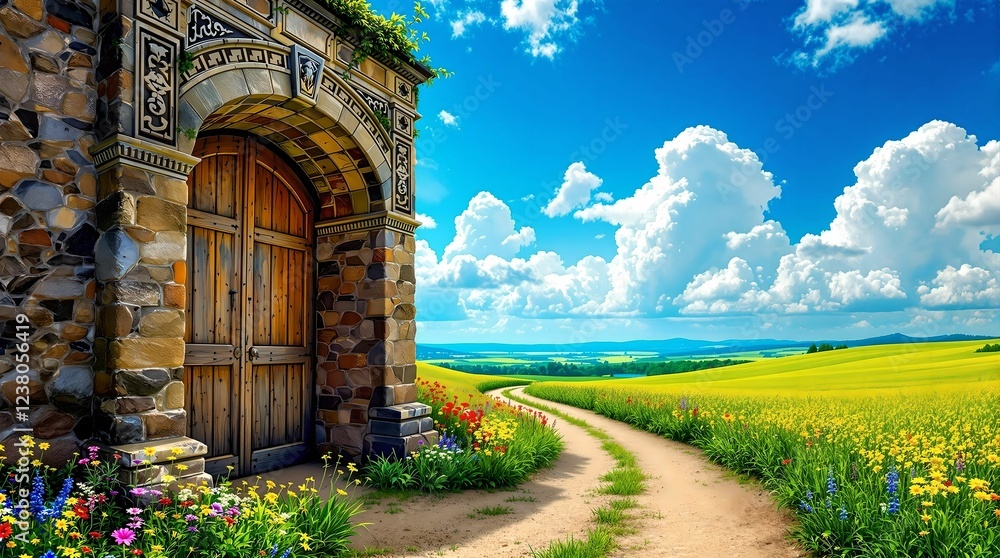 A charming ivy-covered archway with an open green wooden door leads to a picturesque cottage surrounded by a vibrant flower garden under warm golden sunlight.