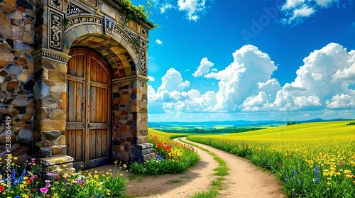 A charming ivy-covered archway with an open green wooden door leads to a picturesque cottage surrounded by a vibrant flower garden under warm golden sunlight.