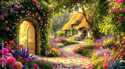 A beautifully adorned ivy and flower-covered archway with an open green door welcomes visitors into a magical garden leading to a cozy fairytale cottage bathed in warm sunlight