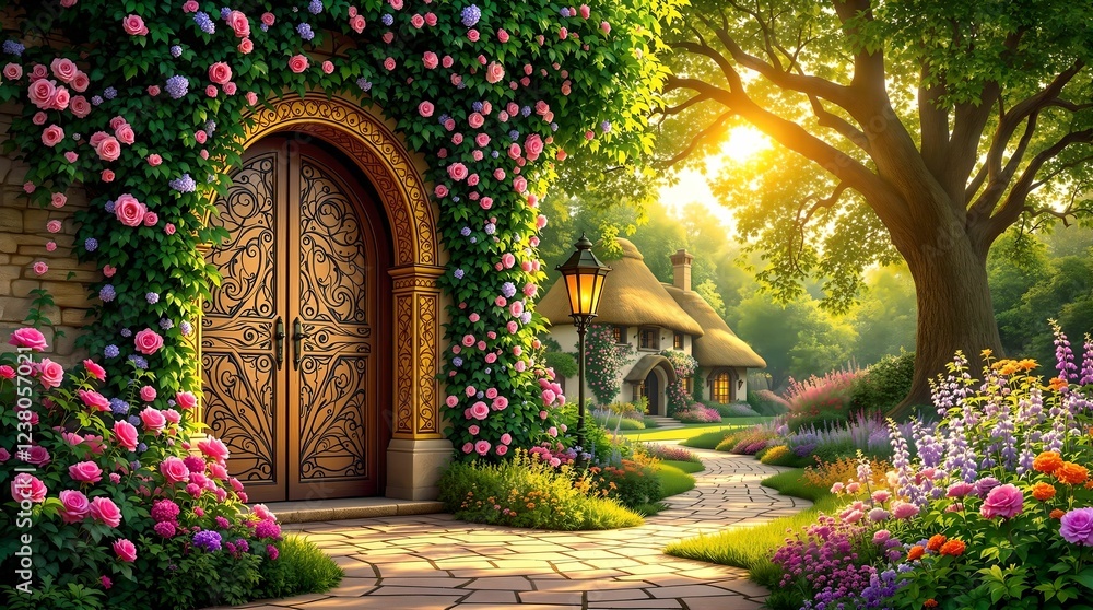 A beautifully adorned ivy and flower-covered archway with an open green door welcomes visitors into a magical garden leading to a cozy fairytale cottage bathed in warm sunlight