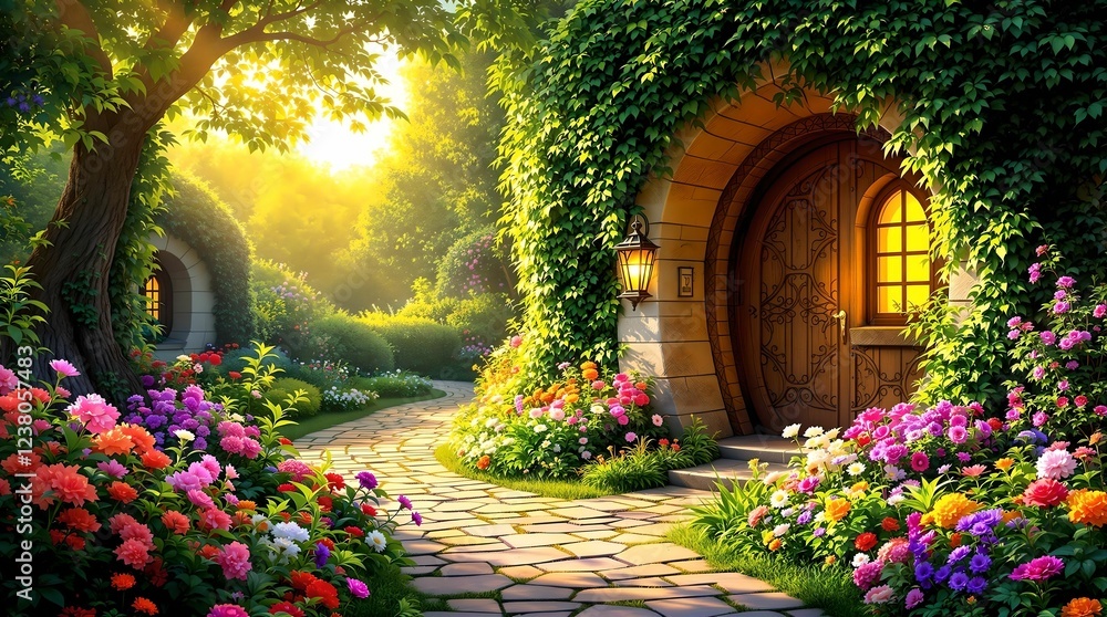 A sunlit ivy-covered stone archway frames a magical garden path leading to a cozy storybook cottage, surrounded by blooming flowers and golden rays of light.
