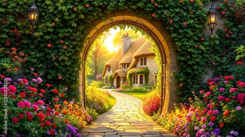 Obraz na płótnie A sunlit ivy-covered stone archway frames a magical garden path leading to a cozy storybook cottage, surrounded by blooming flowers and golden rays of light. w salonie