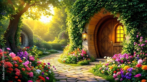 Obraz na płótnie A sunlit ivy-covered stone archway frames a magical garden path leading to a cozy storybook cottage, surrounded by blooming flowers and golden rays of light. w salonie
