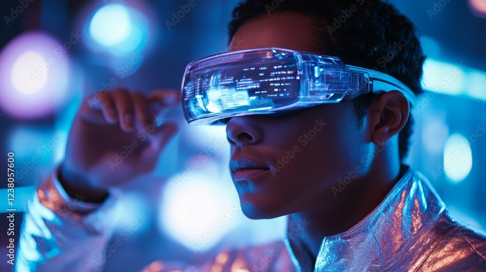 Futuristic VR Interaction Young Man Engaged with AI Holograms in Metallic and Iridescent Space - Cutting-Edge Tech for Immersive Gaming and Digital Marketing Solutions Futuristic VR Interaction Young Man Engaged with AI Holograms in Metallic and Iridescent Space - Cutting-Edge Tech for Immersive Gaming and Digital Marketing Solutions