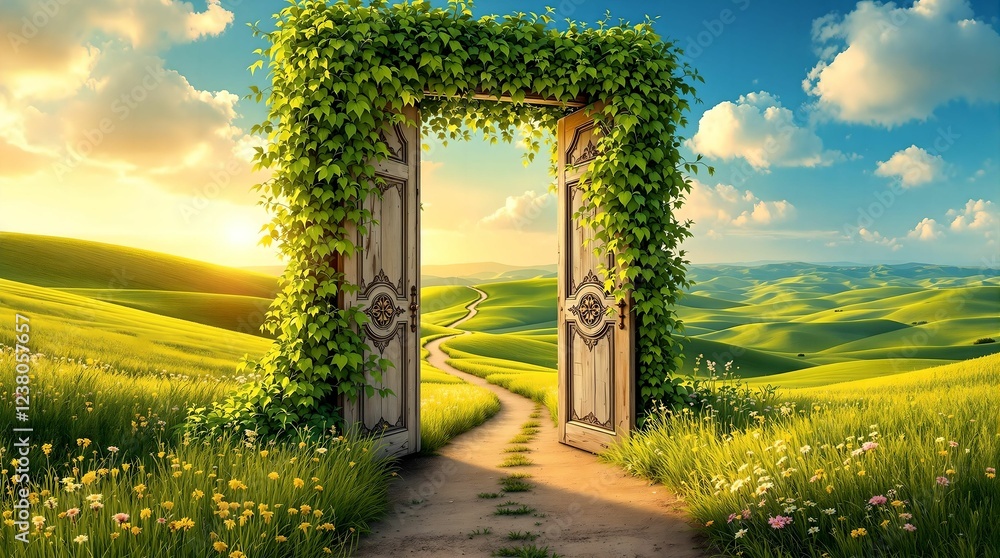 An enchanting wooden archway adorned with ivy and flowers opens to a breathtaking view of rolling green hills, a winding path, and golden sunlight beneath a vast blue sky.