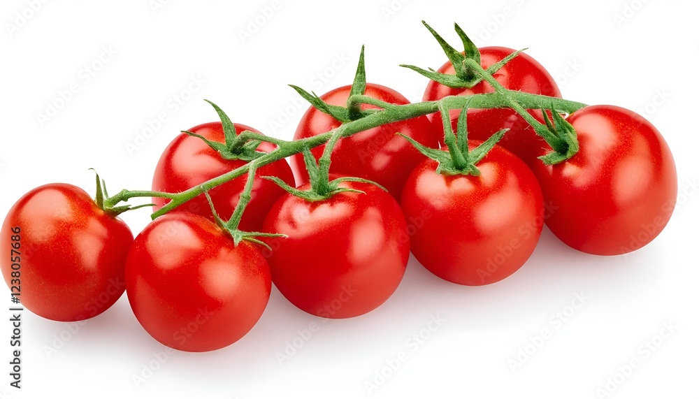 A group of fresh, plump cherry tomatoes with a glossy red skin and green stems, isolated on a white background, perfect for culinary and healthy eating themes A group of fresh, plump cherry tomatoes with a glossy red skin and green stems, isolated on a white background, perfect for culinary and healthy eating themes