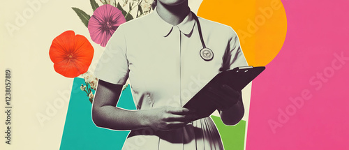 Collage of a nurse with clipboard on a minimalist background of shapes and flowers
