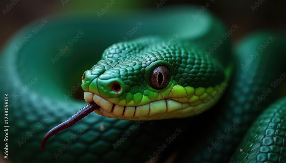 Fototapeta premium Emerald Green Snake Close-Up: Nature's Jewel