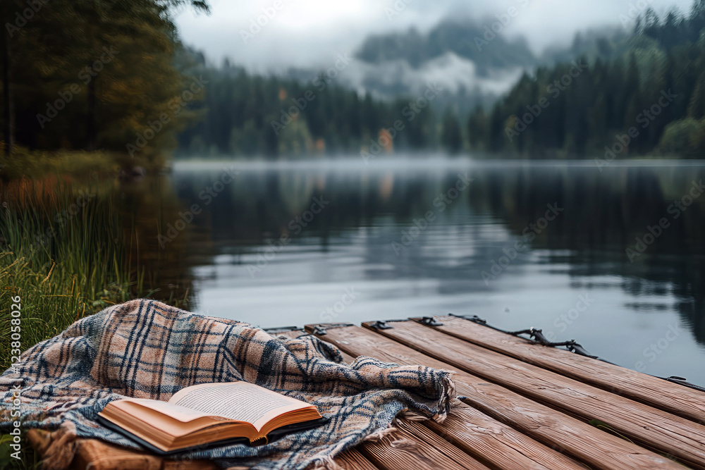 Fototapeta premium Foggy Lakeside Morning with Open Book and Cozy Blanket on Wooden Dock
