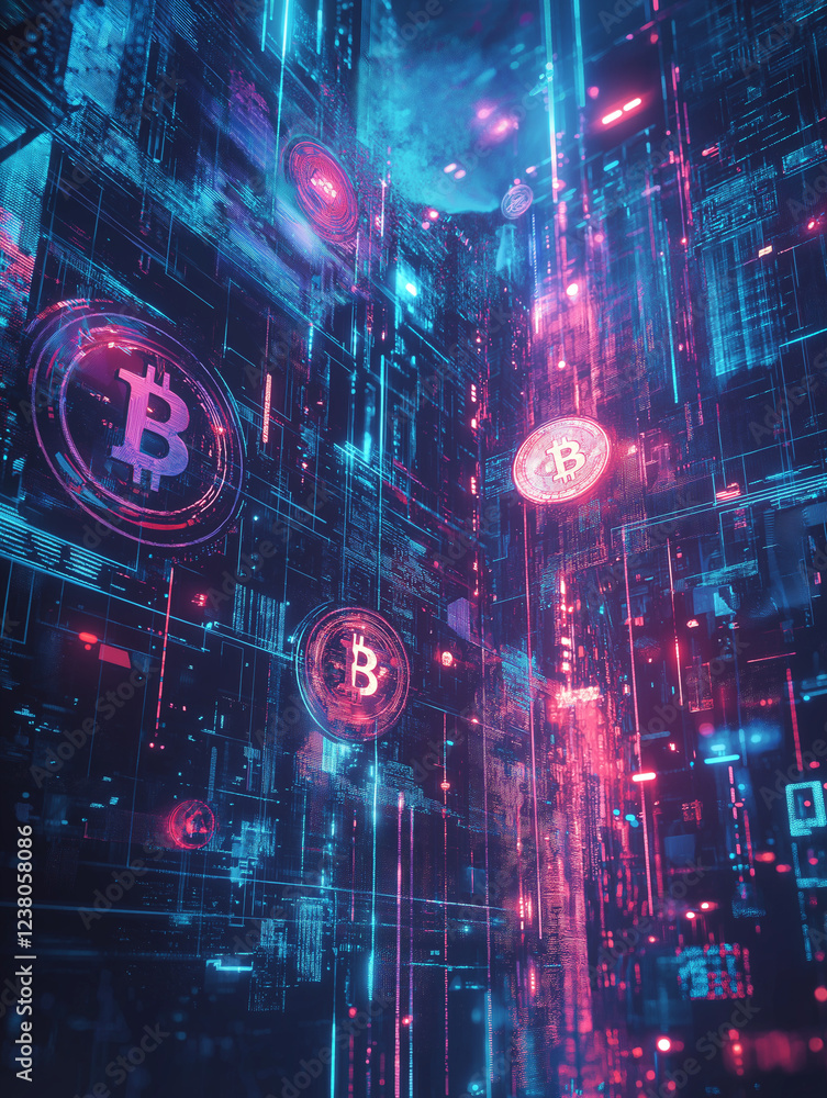 Futuristic book cover with coins and banknotes intertwined with glowing icons on a cyberpunk digital grid in neon blue and purple, leaving one third for text. Generative AI Futuristic book cover with coins and banknotes intertwined with glowing icons on a cyberpunk digital grid in neon blue and purple, leaving one third for text. Generative AI