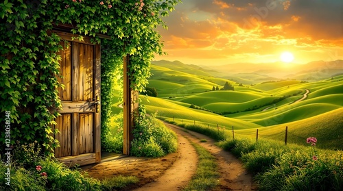 Obraz na płótnie A winding dirt path lined with vibrant wildflowers leads to a charming countryside cottage, nestled in rolling green fields under a bright blue sky with fluffy white clouds. w salonie