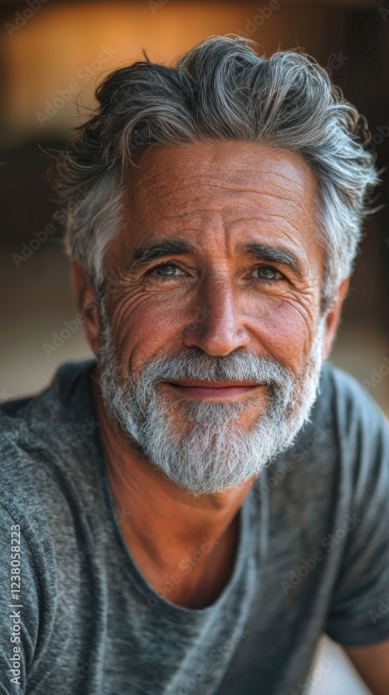 Bright light warms the surroundings as a senior man with styled thick gray hair smiles warmly. His relatable demeanor suggests stories of a life well-lived in a serene outdoor environment Bright light warms the surroundings as a senior man with styled thick gray hair smiles warmly. His relatable demeanor suggests stories of a life well-lived in a serene outdoor environment