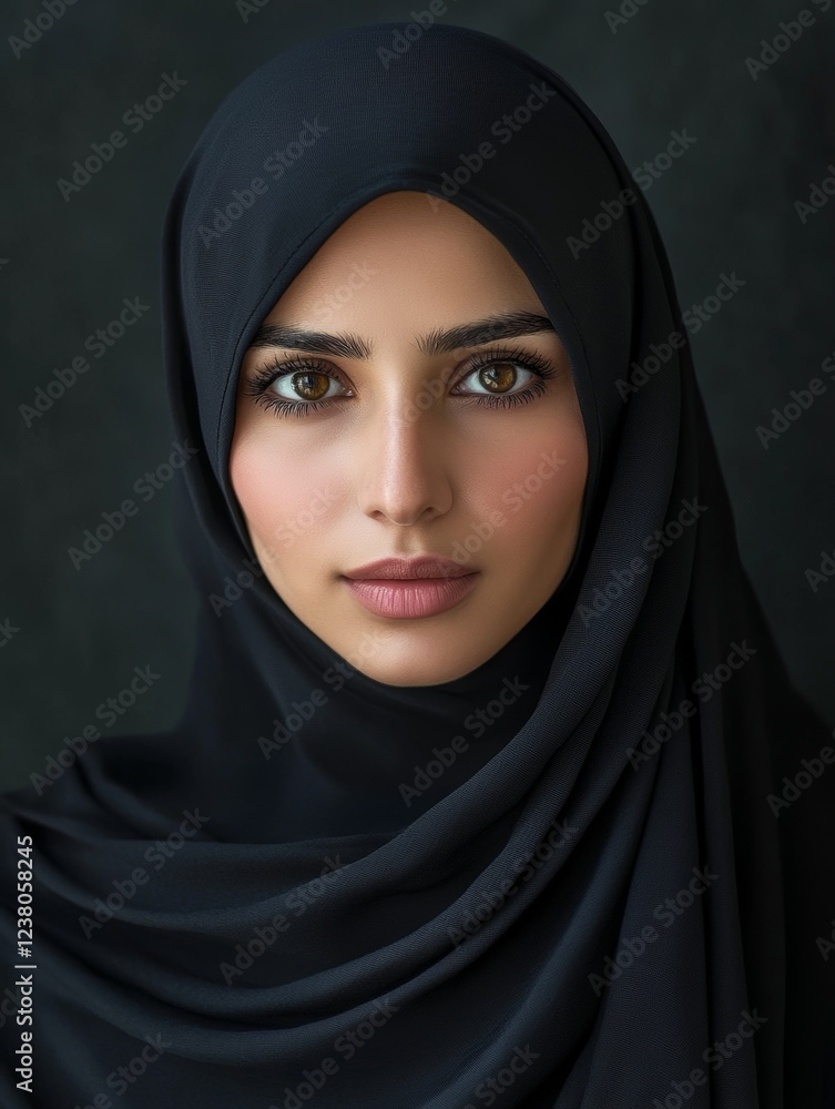 Close-up portrait of a woman in a black hijab, showcasing beauty and cultural attire with a soft expression. Close-up portrait of a woman in a black hijab, showcasing beauty and cultural attire with a soft expression.