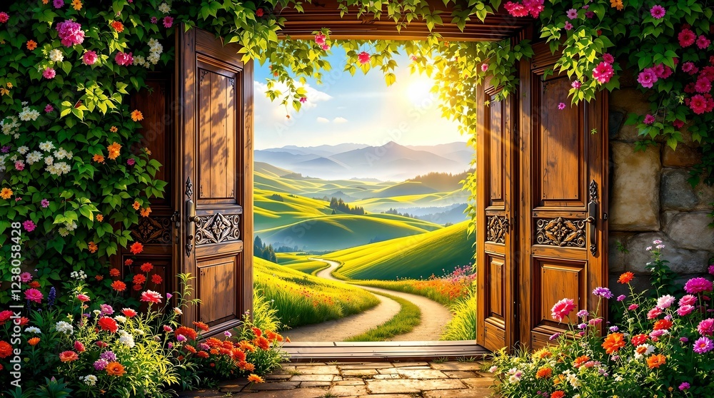 An enchanting wooden archway adorned with ivy and flowers opens to a breathtaking view of rolling green hills, a winding path, and golden sunlight beneath a vast blue sky.
