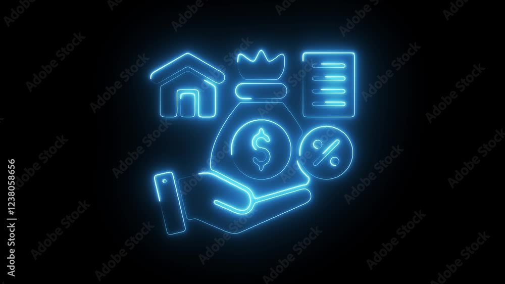 Glowing Neon Loan Icon, Symbol of Financial Lending and Credit Services, HD Video Motion Graphic Animation on Black Background Glowing Neon Loan Icon, Symbol of Financial Lending and Credit Services, HD Video Motion Graphic Animation on Black Background