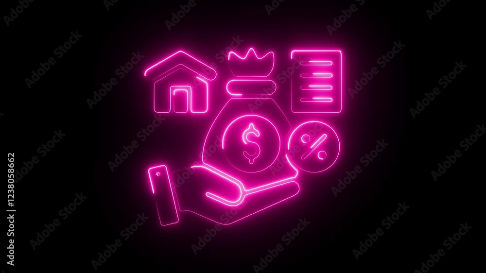 Glowing Neon Loan Icon, Symbol of Financial Lending and Credit Services, HD Video Motion Graphic Animation on Black Background Glowing Neon Loan Icon, Symbol of Financial Lending and Credit Services, HD Video Motion Graphic Animation on Black Background