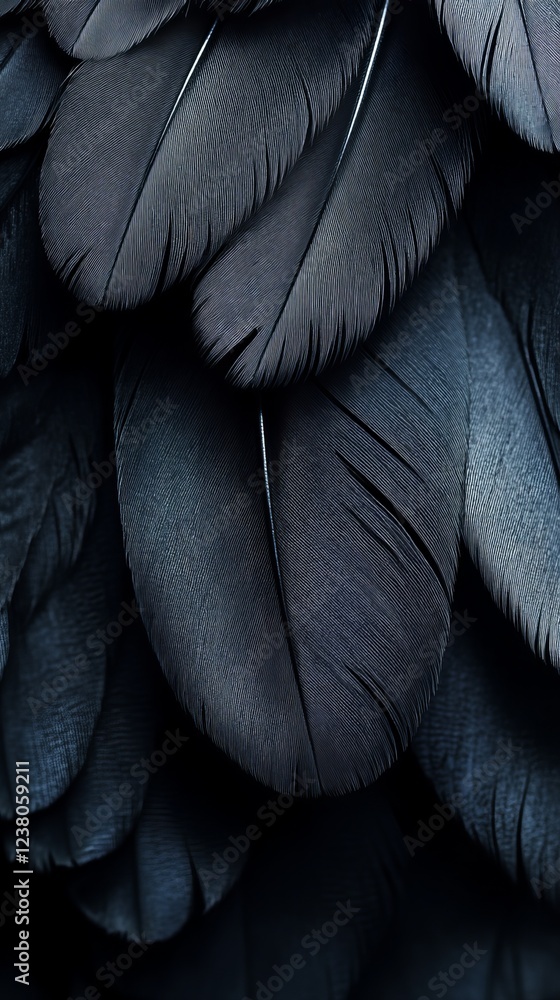 Obraz premium Detailed view of overlapping dark feathers, highlighting texture and pattern for nature or background design purposes.