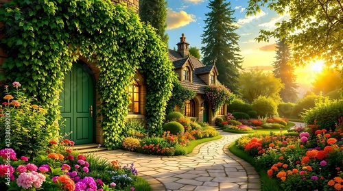 A vibrant red wooden door set in a rustic stone archway opens to a lush green landscape with a winding path under a bright blue sky with soft white clouds.