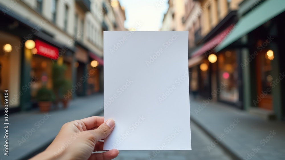 Flyer in Hand Mockup, Urban street scene with a sharp flyer in hand vibrant storefronts around. Flyer in Hand Mockup, Urban street scene with a sharp flyer in hand vibrant storefronts around.