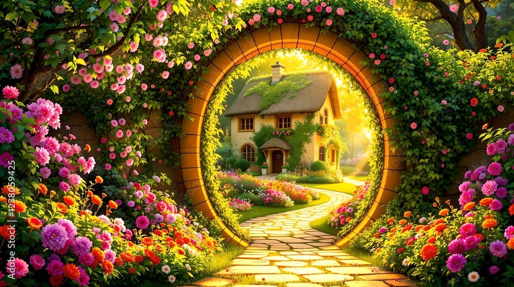 A charming ivy-covered archway with an open green wooden door leads to a picturesque cottage surrounded by a vibrant flower garden under warm golden sunlight.