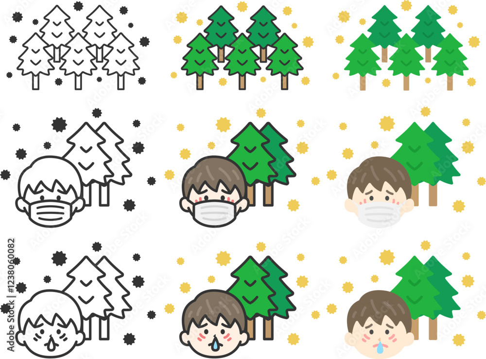 Fototapeta premium 花粉症の症状の、男性のアイコンのイラストセット