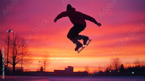 Wallpaper Mural A figure skater jumping in the air on an outdoor rink at sunset, vibrant orange and pink sky creating a colorful backdrop, side view with a sharp focus on the jump Torontodigital.ca