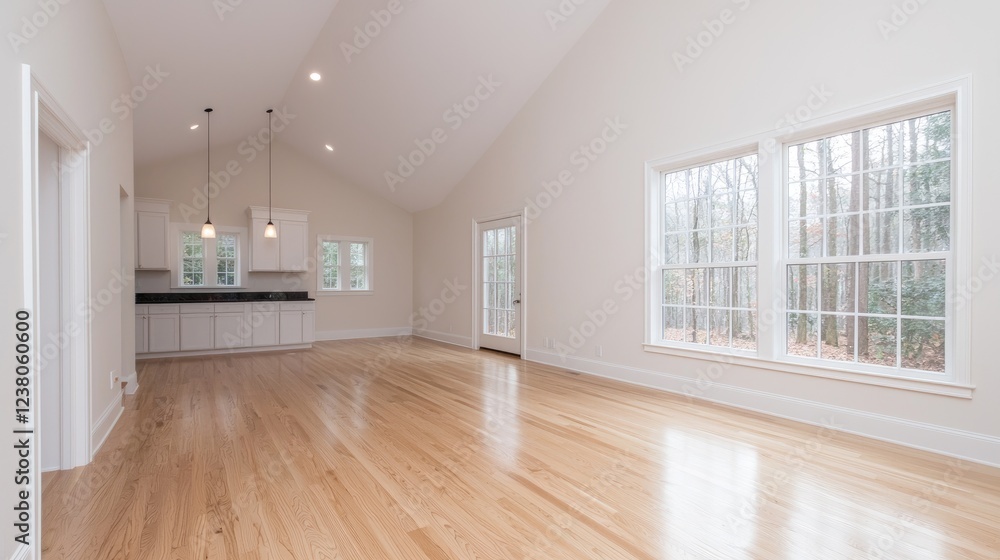 Bright open-plan living room with hardwood floors, kitchen, and woodland view Bright open-plan living room with hardwood floors, kitchen, and woodland view