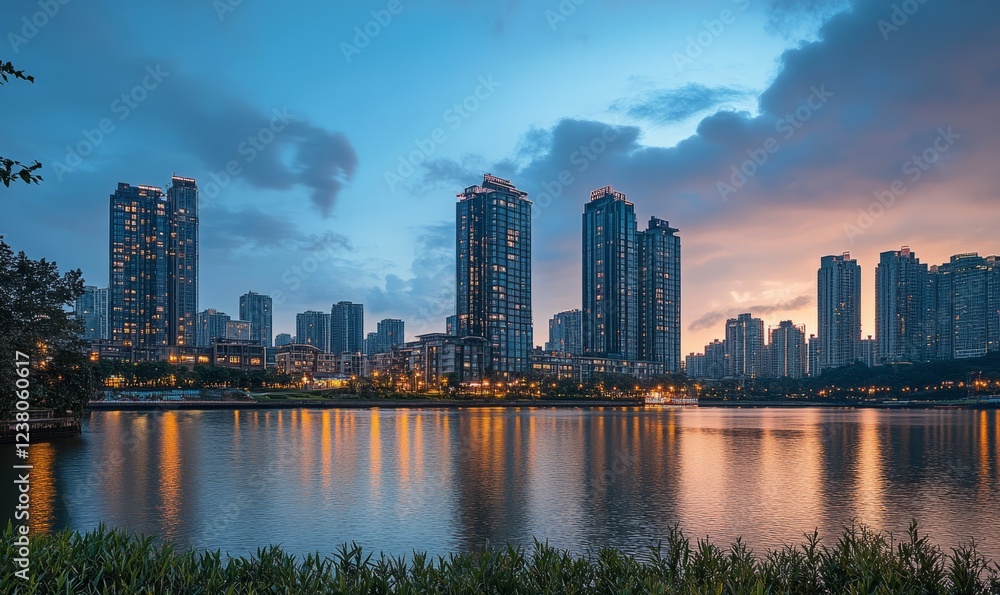 Naklejka premium A serene cityscape is reflected in the tranquil water.