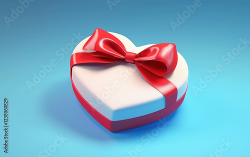 heart-shaped gift box with a satin bow, placed on a sky blue gradient background. Valentines Day and 8 March theme