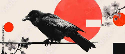 Minimalist collage featuring a crow perched on a wire among geometric shapes and flowers photo