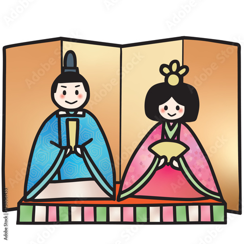  桃の節句用のおひなさまのベクターイラスト（金屏風）