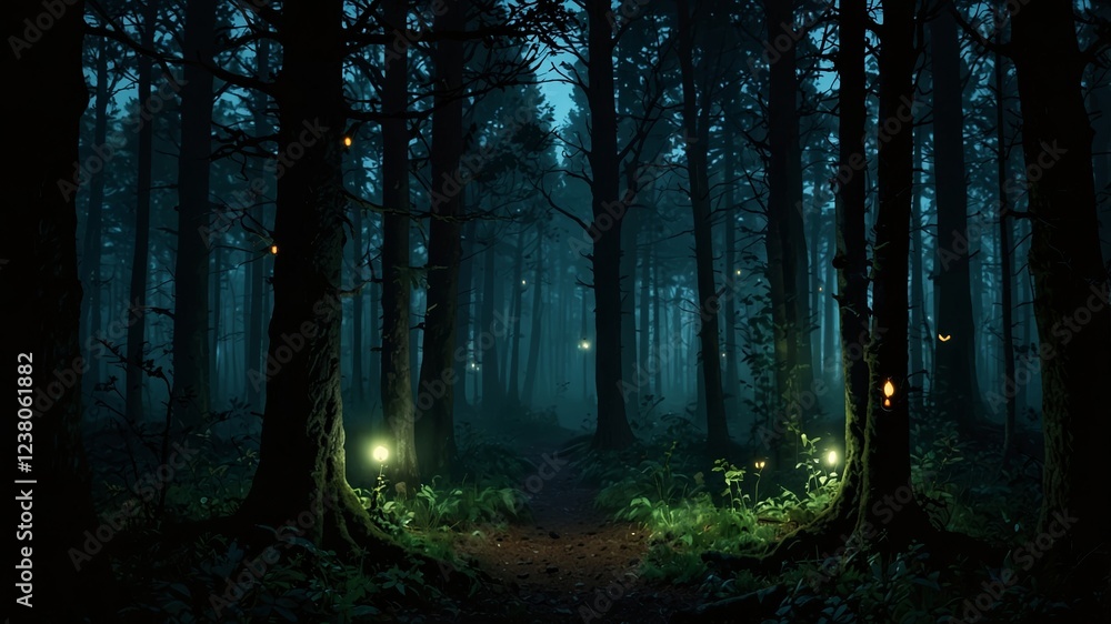 Fototapeta premium Enchanted forest with glowing lights and mist at twilight creating a serene atmosphere