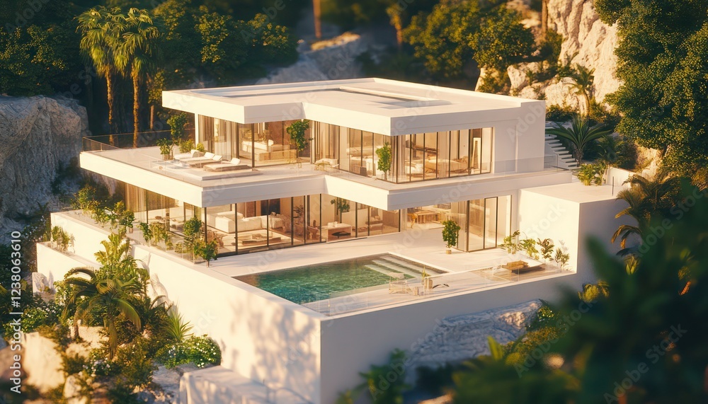 Fototapeta premium Beautifully designed cubic villa with clean white exterior glass terrace and infinity pool surrounded by nature