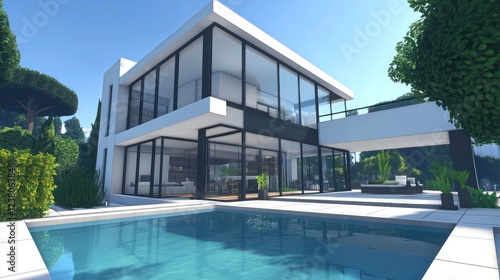 Bright airy exterior of a modern minimalist cubic villa with large glass windows swimming pool and terrace HD quality