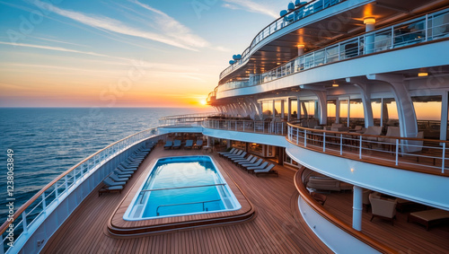 A modern luxury cruise ship deck at sunset  with curved railings and wooden flooring  open-air terraces  a swimming pool and a panoramic view of the ocean