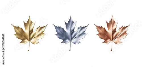 autumn leaves isolated on white, 3D realistic silver golden and copper maple leaf isolated on transparent background, PNG file