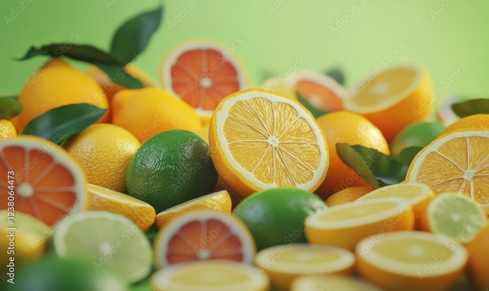 Array of fresh citrus fruits including oranges, lemons, and limes, their vivid colors refreshing and vibrant. Array of fresh citrus fruits including oranges, lemons, and limes, their vivid colors refreshing and vibrant.