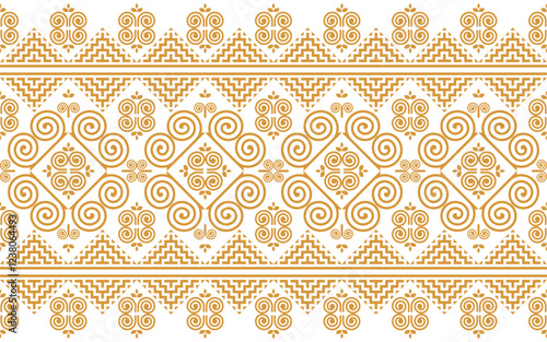 Seamless pattern, Hmong ethnic pattern, gold pattern on white background.