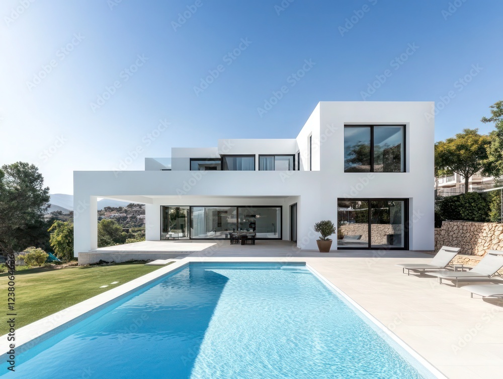 Fototapeta premium Bright exterior of a modern cubic villa with minimalistic design large swimming pool and sunny weather