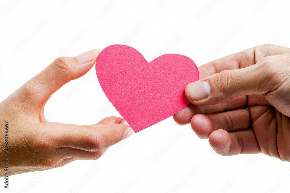 Two hands exchanging a pink paper heart against a white background. Two hands exchanging a pink paper heart against a white background.