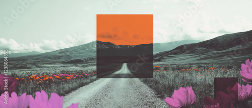Minimalist collage of flowers and road symbolizing new adventures towards distant mountains